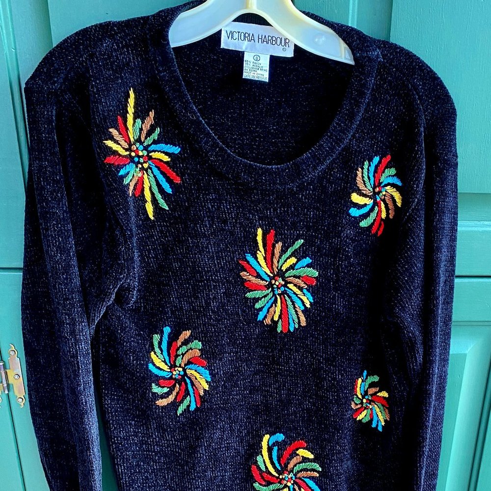 Black Sweater with Colorful Embroidery Pattern (S)